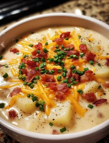 Delicious bowl of crack potato soup made in a crock pot, garnished with chives.