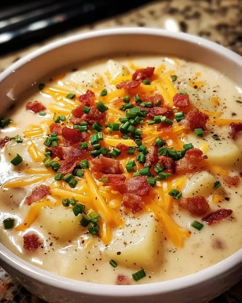 Delicious bowl of crack potato soup made in a crock pot, garnished with chives.