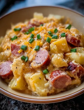 Crockpot Cheesy Potatoes and Kielbasa dish ready to serve