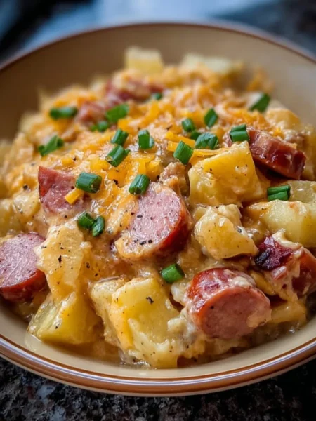 Crockpot Cheesy Potatoes and Kielbasa dish ready to serve