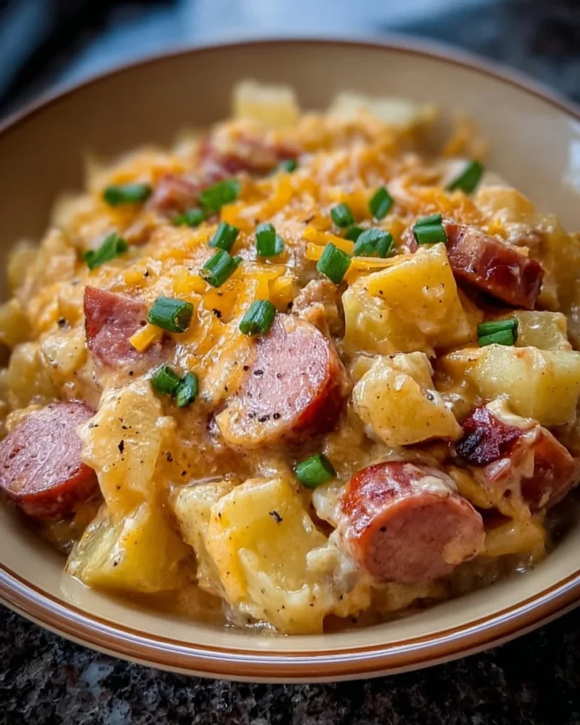 Crockpot Cheesy Potatoes and Kielbasa dish ready to serve