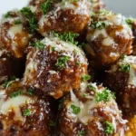 Delicious Crockpot French Onion Meatballs served with melted cheese and herbs