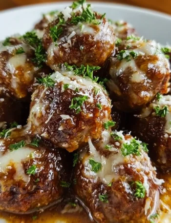 Delicious Crockpot French Onion Meatballs served with melted cheese and herbs