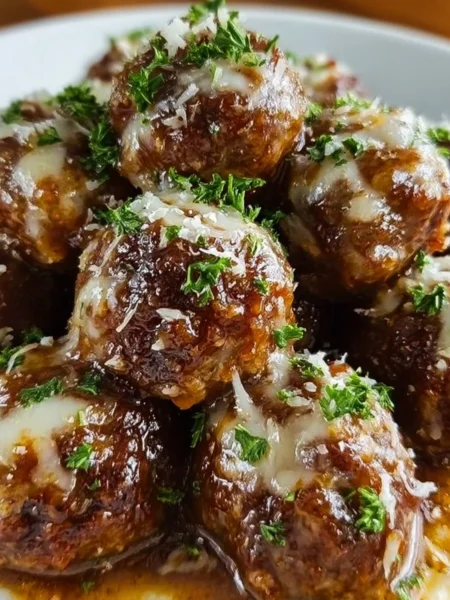 Delicious Crockpot French Onion Meatballs served with melted cheese and herbs