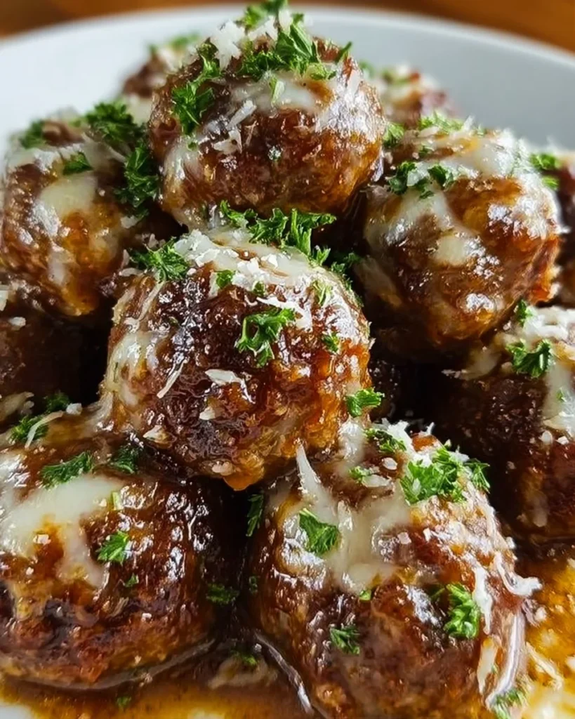Delicious Crockpot French Onion Meatballs served with melted cheese and herbs