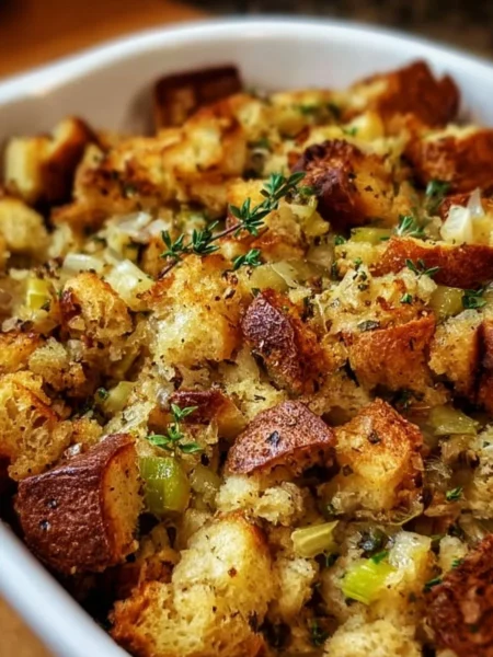 Delicious Thanksgiving stuffing served in a bowl for the holiday meal
