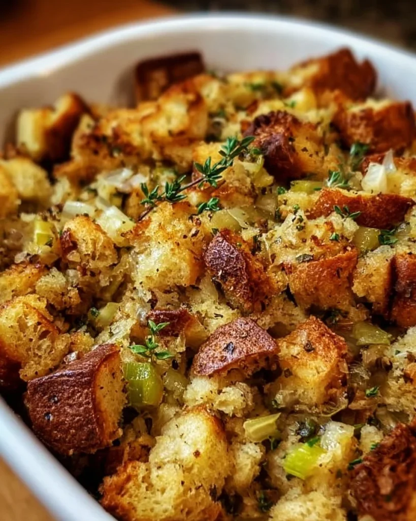 Delicious Thanksgiving stuffing served in a bowl for the holiday meal
