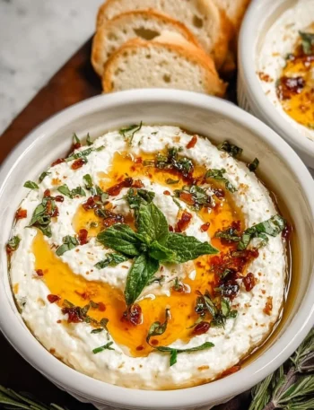 Delicious ricotta dip drizzled with hot honey served in a bowl
