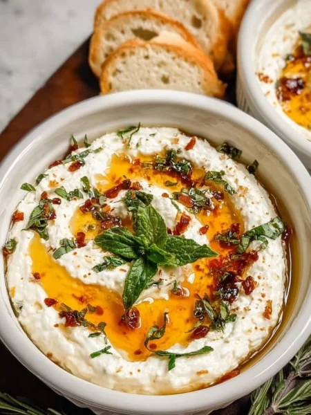Delicious ricotta dip drizzled with hot honey served in a bowl