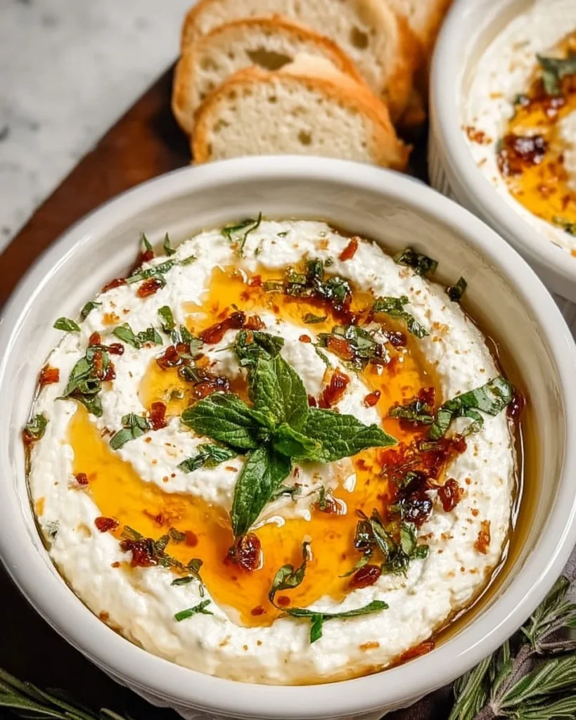 Delicious ricotta dip drizzled with hot honey served in a bowl