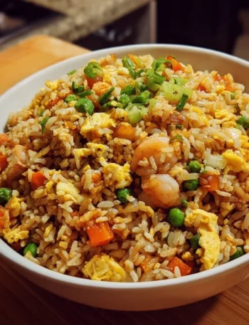 Delicious plate of easy Chinese fried rice with vegetables and eggs