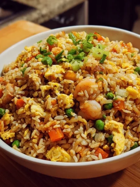Delicious plate of easy Chinese fried rice with vegetables and eggs