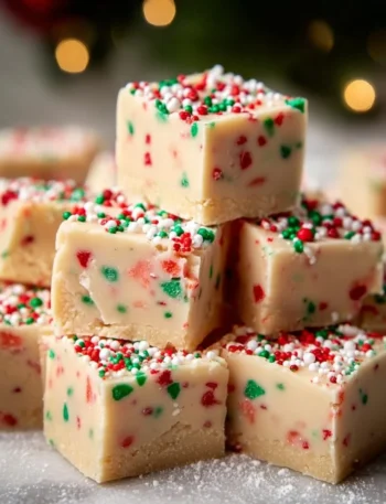 Easy Christmas sugar cookie fudge on a holiday-themed plate