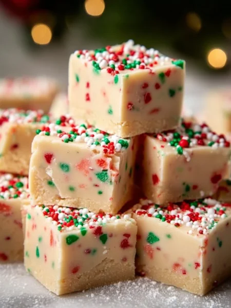 Easy Christmas sugar cookie fudge on a holiday-themed plate