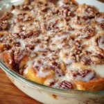 Delicious easy cinnamon roll casserole served in a baking dish