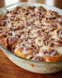 Delicious easy cinnamon roll casserole served in a baking dish