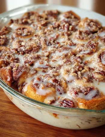 Delicious easy cinnamon roll casserole served in a baking dish
