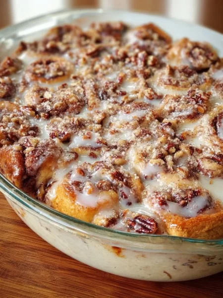 Delicious easy cinnamon roll casserole served in a baking dish
