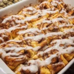 Easy cinnamon roll casserole baked dish topped with icing and cinnamon