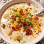 Bowl of easy crockpot potato soup topped with herbs and bacon