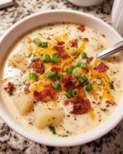 Bowl of easy crockpot potato soup topped with herbs and bacon