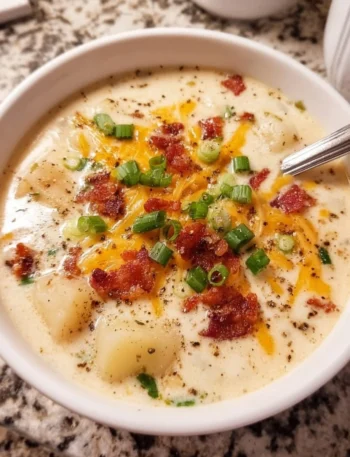 Bowl of easy crockpot potato soup topped with herbs and bacon