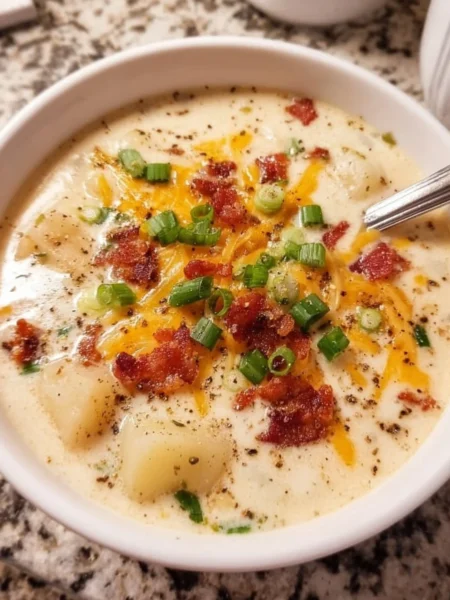 Bowl of easy crockpot potato soup topped with herbs and bacon
