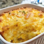 Delicious easy Jiffy corn casserole served in a baking dish
