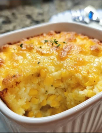 Delicious easy Jiffy corn casserole served in a baking dish