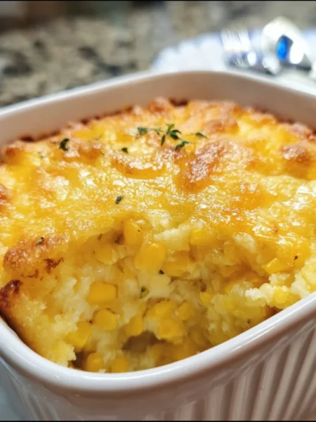 Delicious easy Jiffy corn casserole served in a baking dish