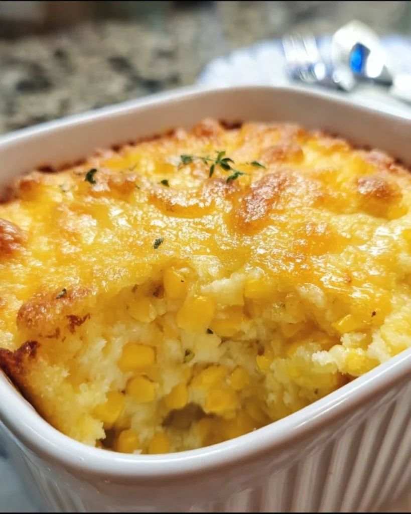 Delicious easy Jiffy corn casserole served in a baking dish