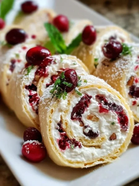 Festive Christmas Cranberry Roll Ups served on a holiday platter