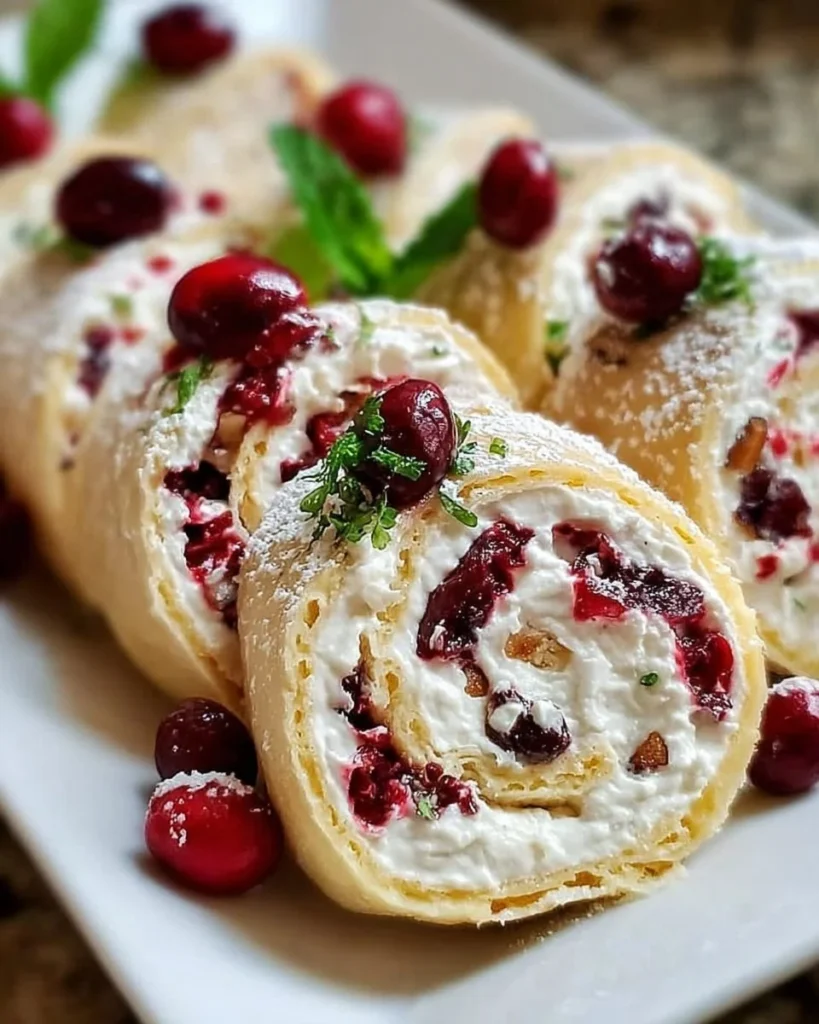 Festive Christmas Cranberry Roll Ups served on a holiday platter