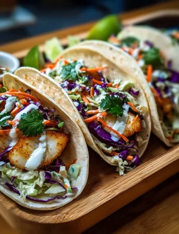 Deliciously prepared fish tacos with fresh toppings and lime