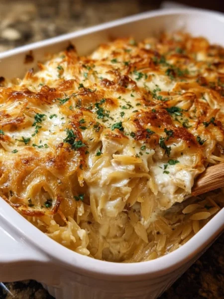 French onion chicken orzo casserole topped with melted cheese