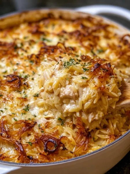 French Onion Chicken Orzo Casserole served in a baking dish with golden cheese topping.