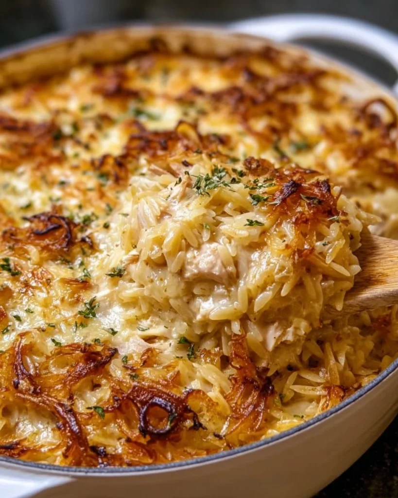 French Onion Chicken Orzo Casserole served in a baking dish with golden cheese topping.