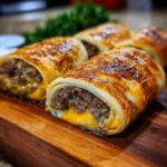 Garlic Butter Beef Cheeseburger Rollups served on a plate