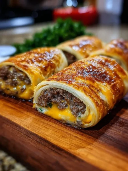 Garlic Butter Beef Cheeseburger Rollups served on a plate