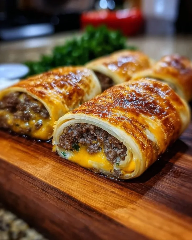 Garlic Butter Beef Cheeseburger Rollups served on a plate