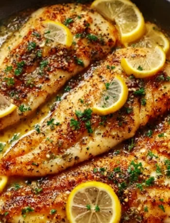 Garlic butter oven baked tilapia served with fresh herbs and lemon slices.