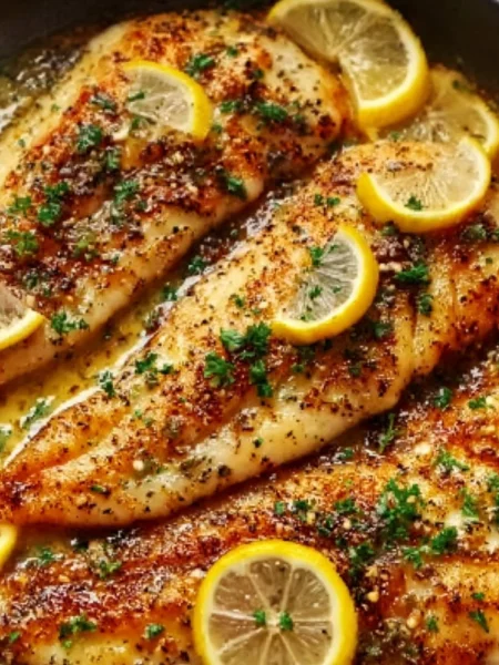 Garlic butter oven baked tilapia served with fresh herbs and lemon slices.
