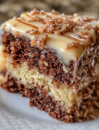 Deliciously layered German Chocolate Cake with coconut and pecan frosting