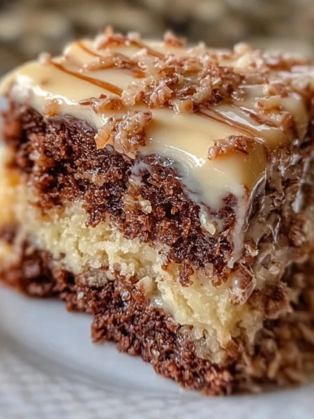 Deliciously layered German Chocolate Cake with coconut and pecan frosting