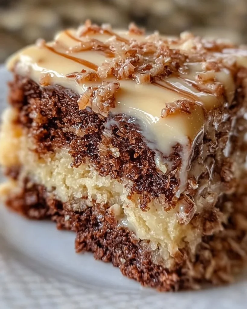 Deliciously layered German Chocolate Cake with coconut and pecan frosting