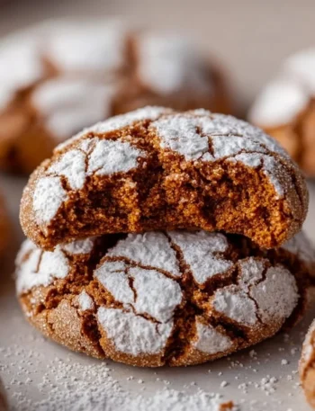 Freshly baked Gingerbread Crinkle Cookies with powdered sugar on top.