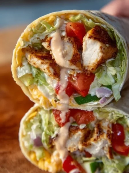 Grilled chicken wrap with chipotle mayo served on a plate