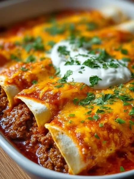 Delicious ground beef enchiladas topped with cheese and salsa