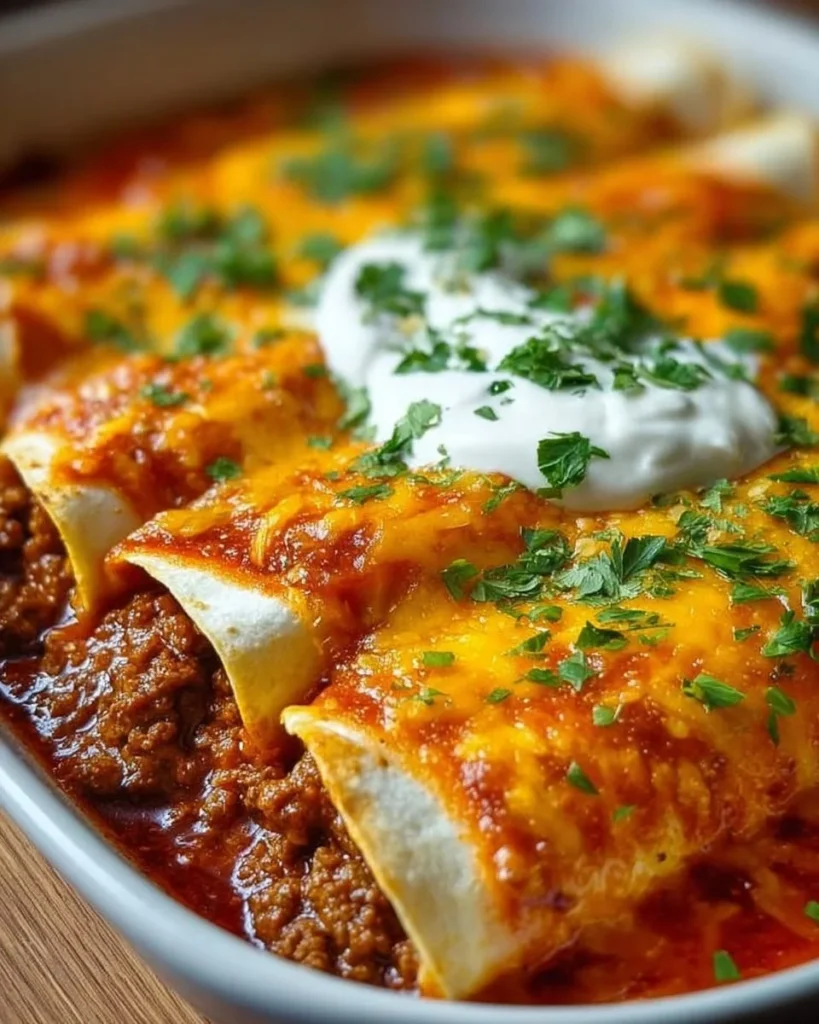 Delicious ground beef enchiladas topped with cheese and salsa