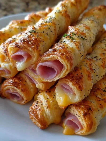 Ham and cheese sticks served on a plate, perfect for snacks or appetizers.